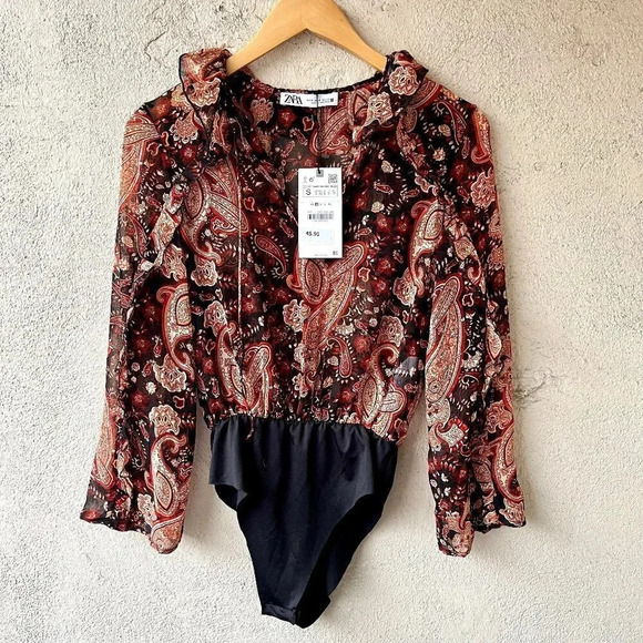 NWT Zara Paisley Printed Ruffle Bodysuit Small - Picture 2 of 8